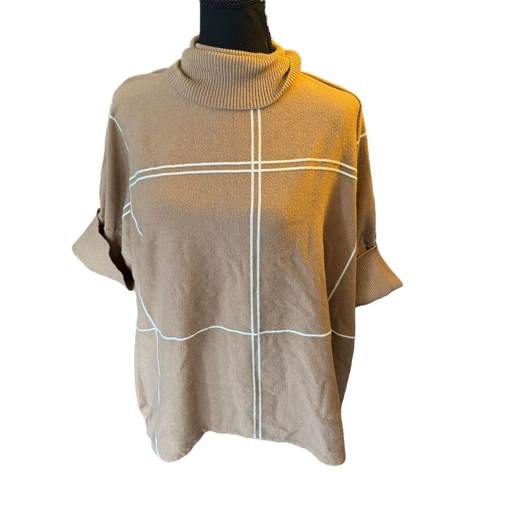$80 Alfani Womens Beige Grid-Print‎ Cuff Elbow-Sleeve Turtleneck Sweater Size XL